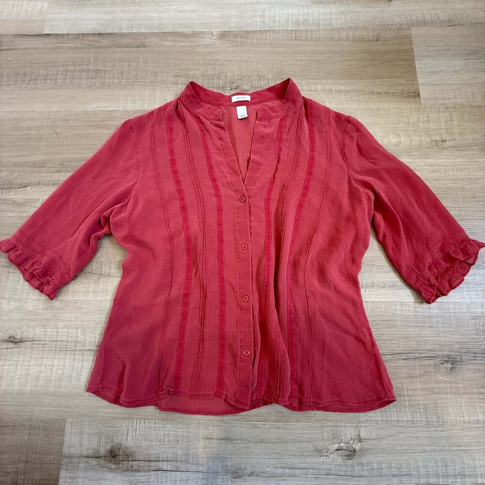 Old Navy Women's Red Button Down Shirt Size Large - Boho Pintuck Lace Blouse